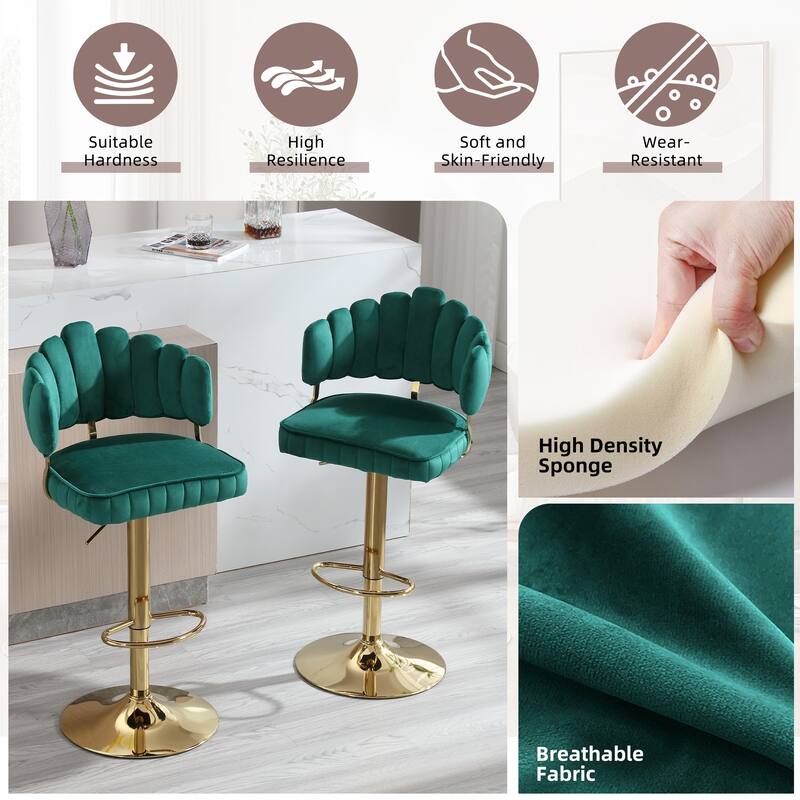 HOMEFUN Velvet Swivel Adjustable Height Scallop Bar Stools With Footrest(set of 2)