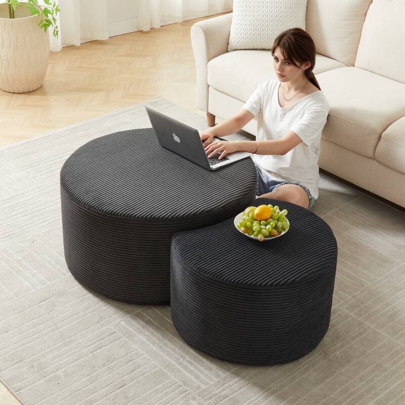 Roomfitters Nesting Ottoman Coffee Table Set of 2, Upholstered Round Foam Tables for Living Room