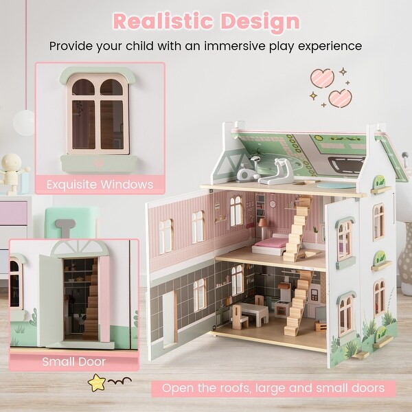 Wooden Dollhouse for Kids, 3 Levels, Double-Sided Roofs, and