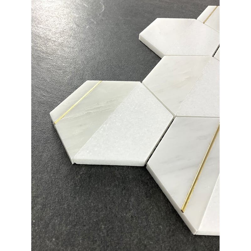 4" Hexagon Mix Marble And Metal Mosaic Tile - Case (8 Sheets)