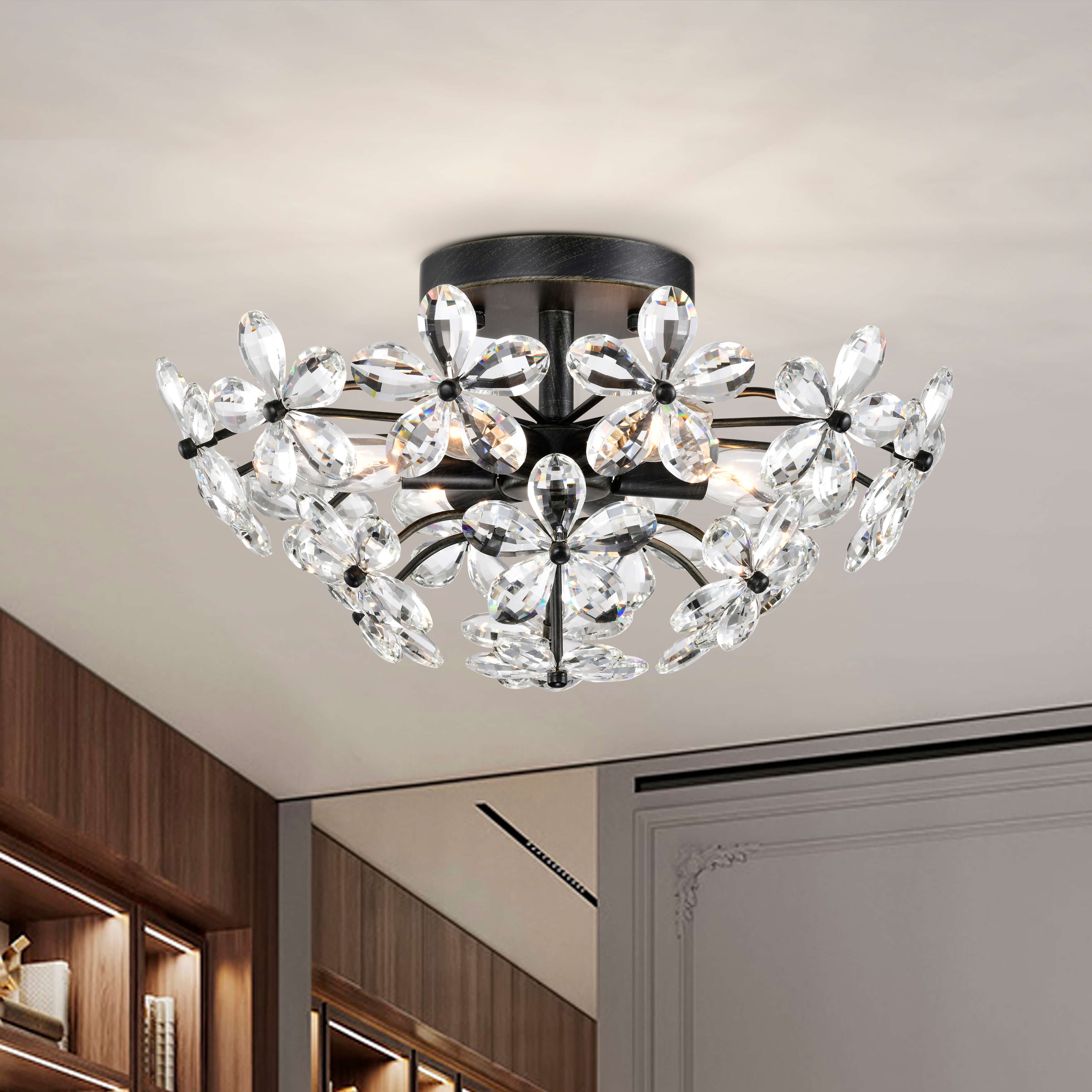 Black and crystal flush mount light top