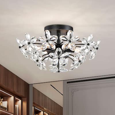 Rosa 6 Lights Antique Black Daisy Flower Crystal Flush Mount - Antique Black - 17.7 inches in diameter x 8.7 inches H