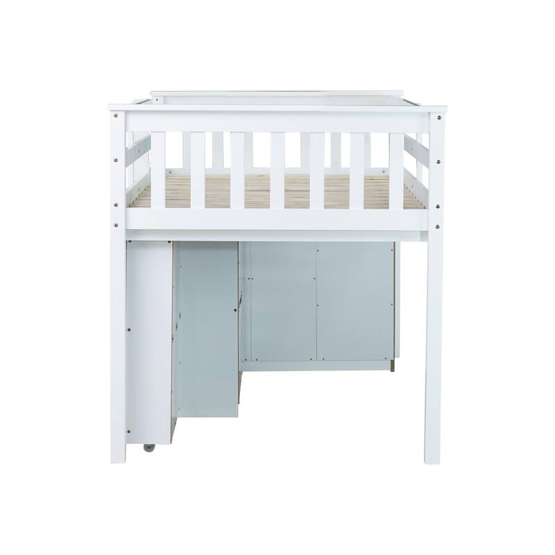 Twin Rubber Wood Loft Bed with Cabinet, Drawer, Shelf,Pulling-Out Desk