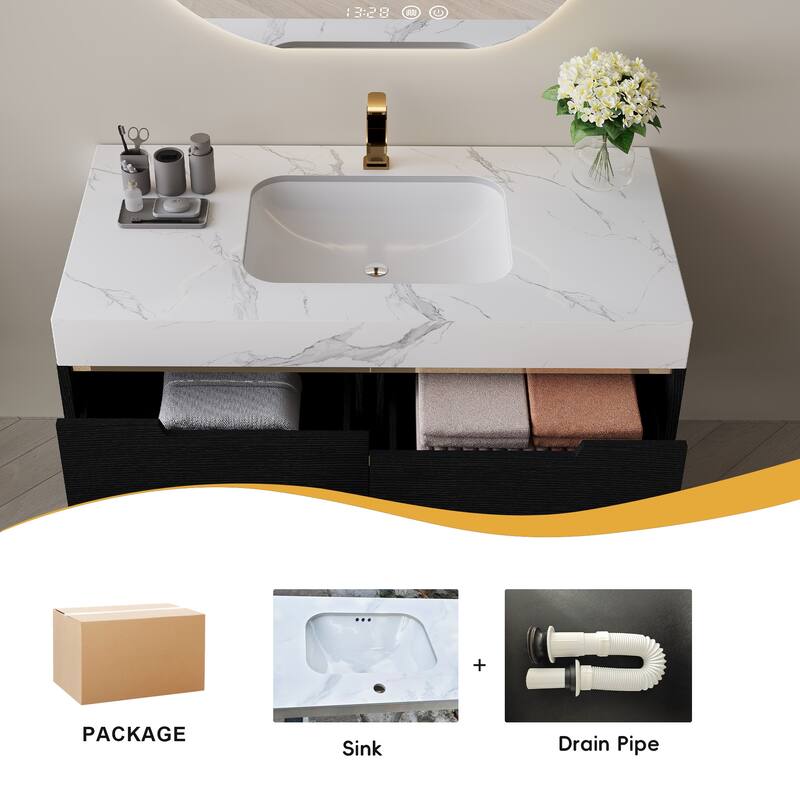 35.4" Farmhouse Floating Bathroom Vanity - Sintered Stone Top with Undermount Sink, 4 Drawers, Wall-Mounted