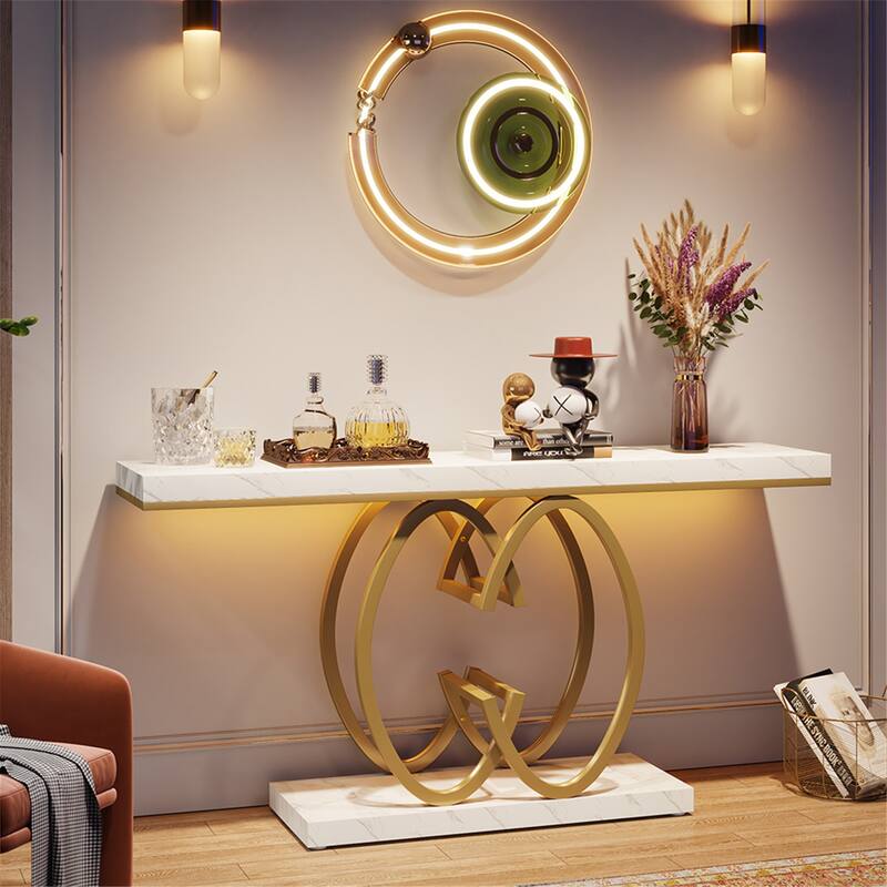 55 Inch Faux Marble Console Table Gold Sofa Table for Entryway