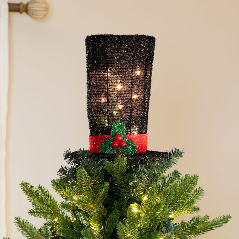 9.25" Lighted Black Tinsel Top Hat Christmas Tree Topper, Clear Lights