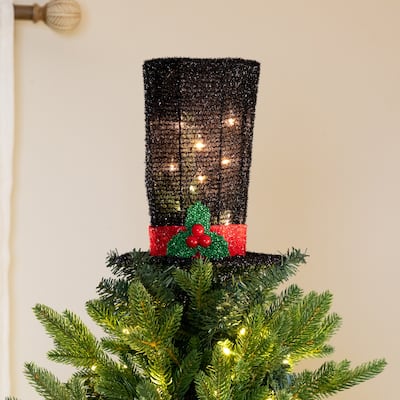 9.25" Lighted Black Tinsel Top Hat Christmas Tree Topper, Clear Lights