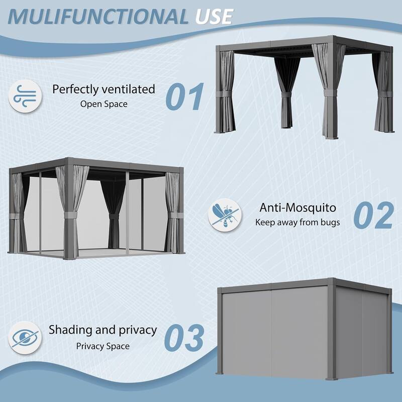 Louvered Pergola 10 x 12ft Outdoor Aluminum Pergola with Adjustable Roof for Gardens