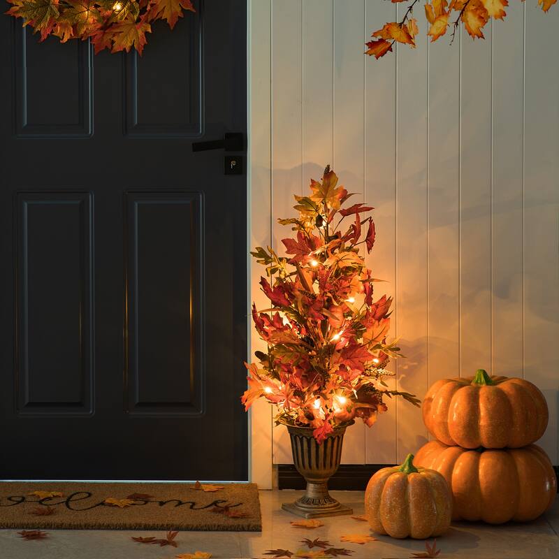Glitzhome 3FT Fall LED Lighted Maple Leaves Urn Potted Porch Tree with Timer
