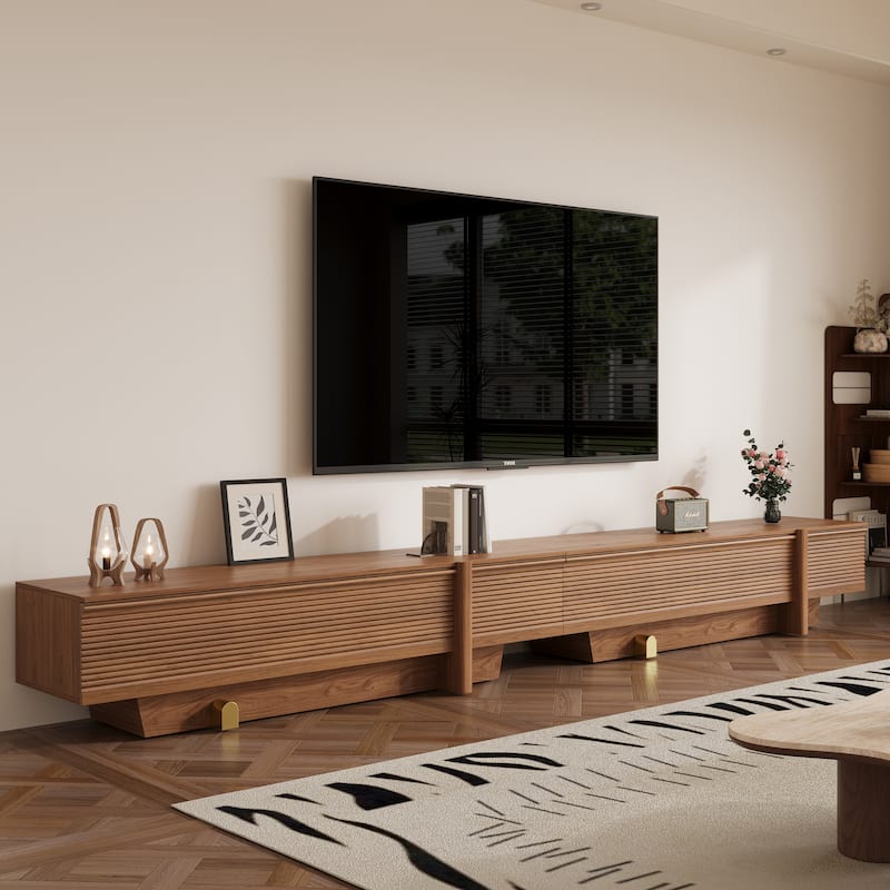 71" Modern Wooden TV Stand, Floor-Standing Media Console with Ribbed Storage and Gold Accents