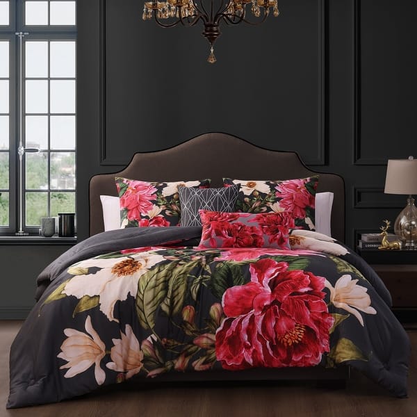 Bebejan Flower Garland 220 Thread Count 100% Cotton Sateen 5 Piece Reversible Comforter Set - Queen