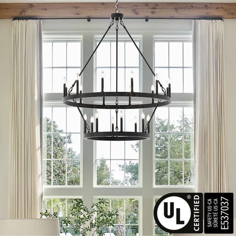 Modern Farmhouse Black Round Wagon Wheel Chandelier