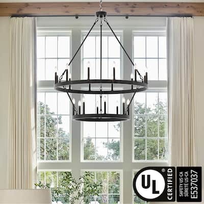 Modern Farmhouse Black Round Wagon Wheel Chandelier