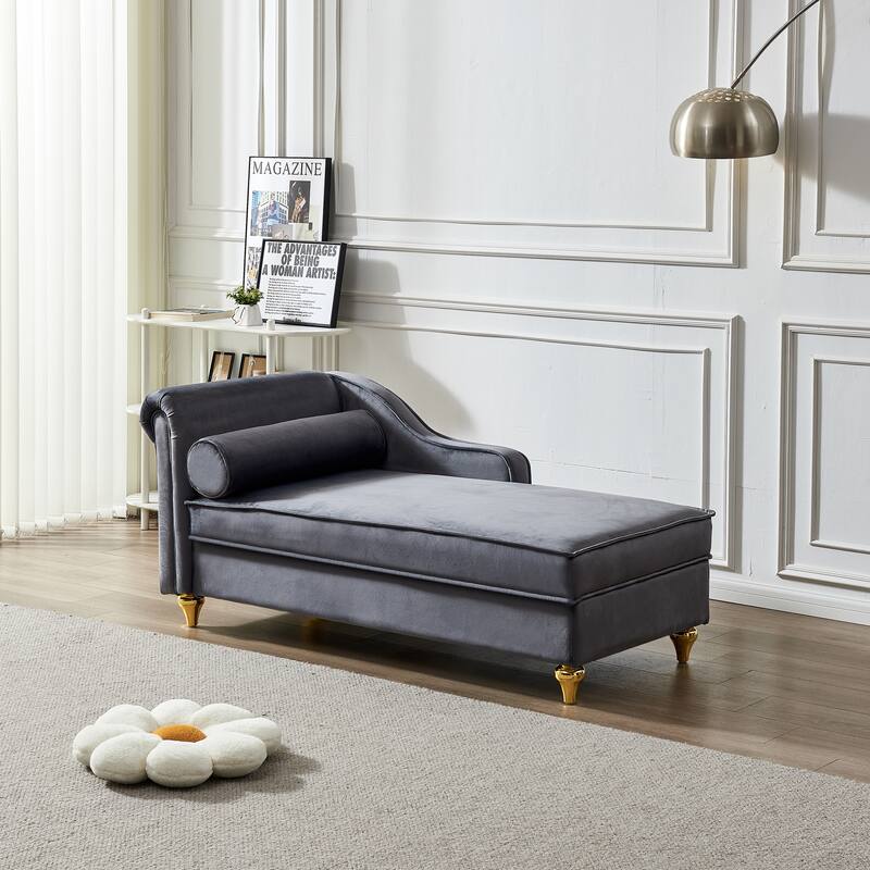 Modern Storage Chaise Lounge for Living Room, 60.6" Velvet Sofa Chair with Toss Pillows, Upholstered Lounge Sofa with Gold Legs - Grey