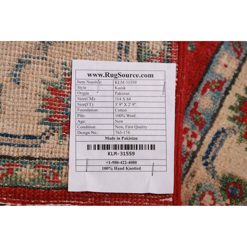 Red Kazak Foyer Rug Hand-Knotted Traditional / Geometric Wool Carpet - 2'9"x 3'9"