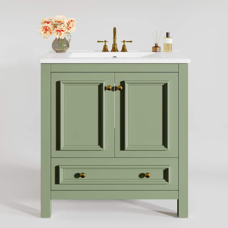 Bathroom Vanity with Sink, Solid Wood Frame Freestanding Vanity with Door Organizer and Drawer