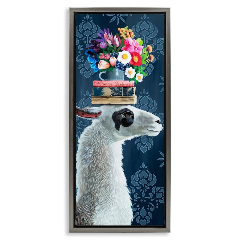 Stupell Llama with Book & Flower Arrangement Framed Floater Canvas Wall Art Design By Heather Gauthier - 11 x 25 - Grey