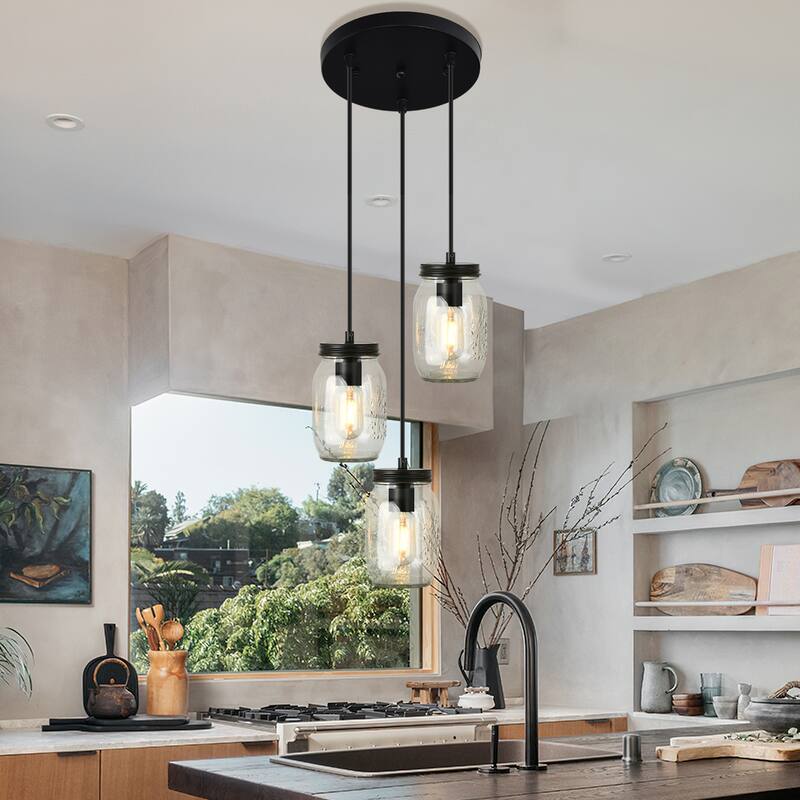 Starsky 3-Light Modern Farmhouse Adjustable Wire Abstract Ceiling Light Cluster Black Mason Jar Chandelier
