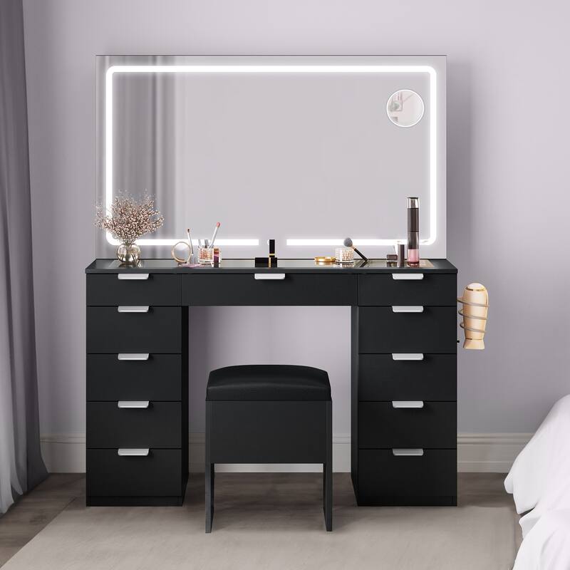 Moasis 46'' Makeup Vanity Table 11 Drawers Vanity Desk Set - 46"L x 11.7"W x 55.9"H - Black