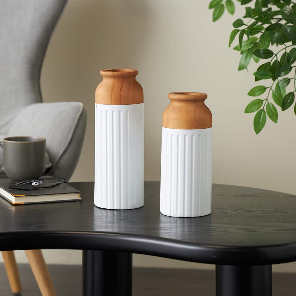 White Metal Color Block Decorative Vase with Rounded Linear Grooves and Brown Wood Tops (Set of 2)