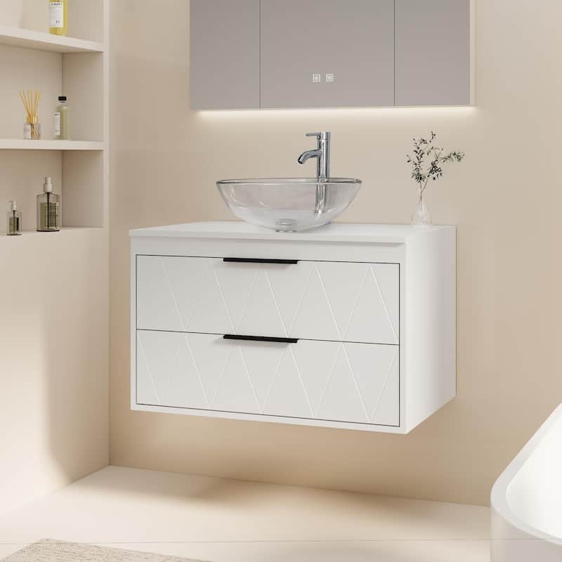 Modern Wall Mounted Bathroom Vanity Set with Vessel Sink & Faucet - white-30 in - 30-1 Glass clear round sink