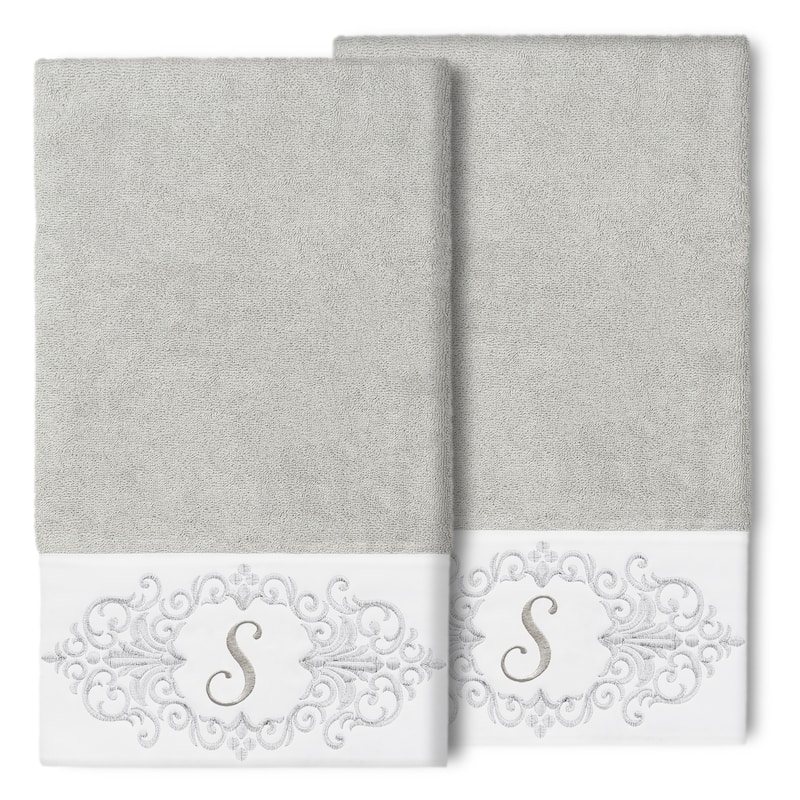 Authentic Hotel and Spa 100% Turkish Cotton Monica 2PC Embellished Bath Towel Set - S - Light Gray