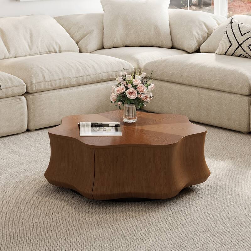 32.5" Petal Solid Wood Veneer Coffee Table - Drawer Storage, Modern&Medieval Living Rooms - Wood - Brown