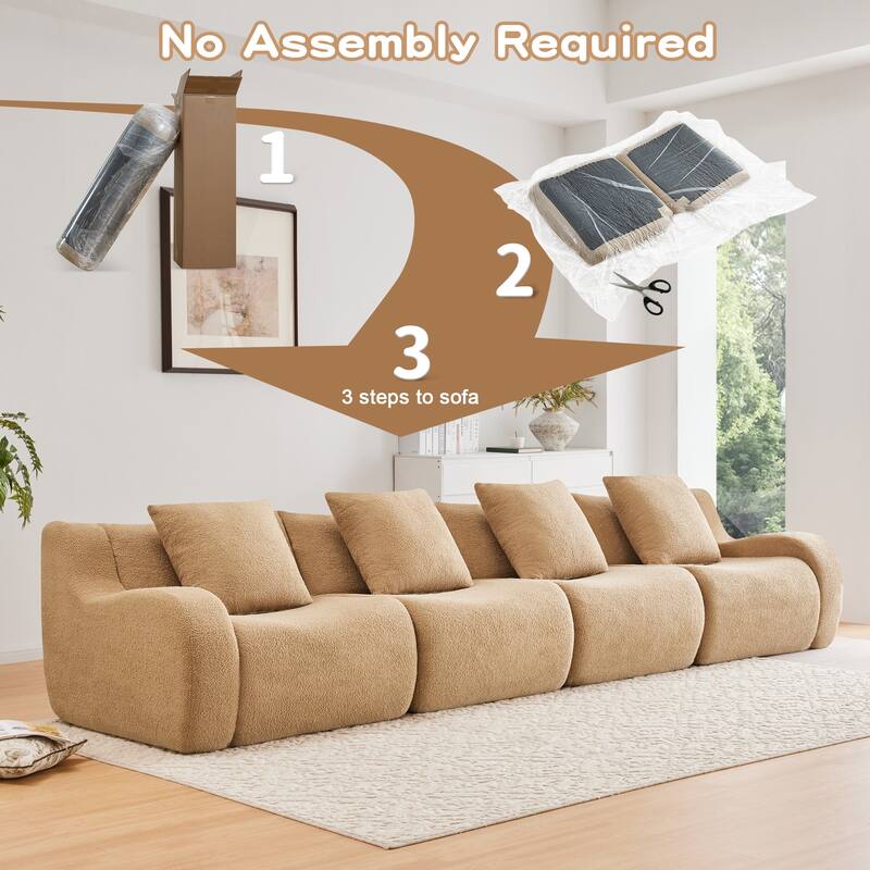 118" Teddy Fabric Boneless Couch, Upholstered 4-Seat Sofa with Curved Armrests, Modular Deep Seat Sofa, No Assembly Required