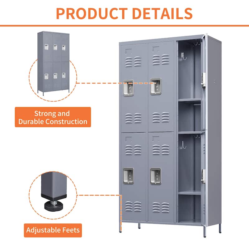 GDFStudio - Trent 6-Door 72" Metal Locker Cabinet with Lock, Heavy-Duty Storage - 6 Door 72"H