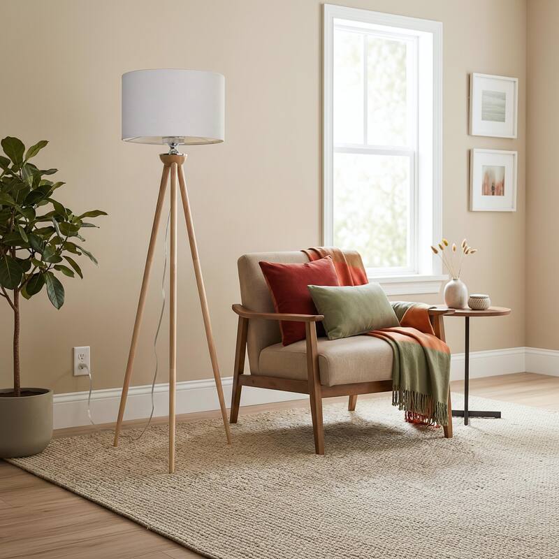 Mary Natural Wood Tripod Floor Lamp with Linen Shade
