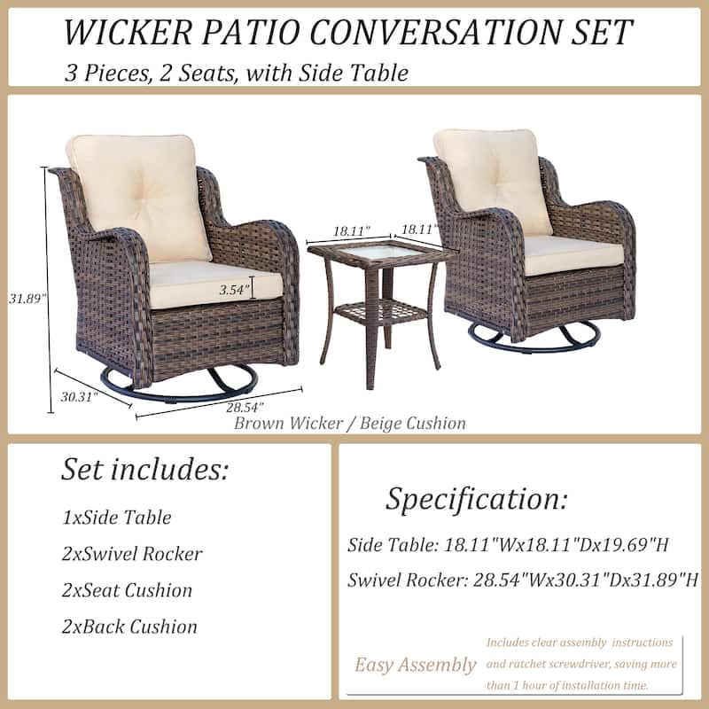 3 Piece Outdoor Patio Conversation Wicker Furniture Swivel Chairs Sets