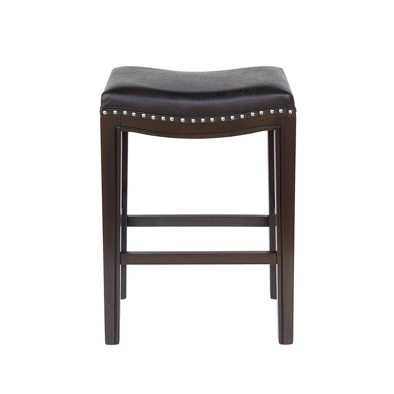 Feine Counter Stool Set of 2, Gray Faux Leather Saddle Seat, Brown