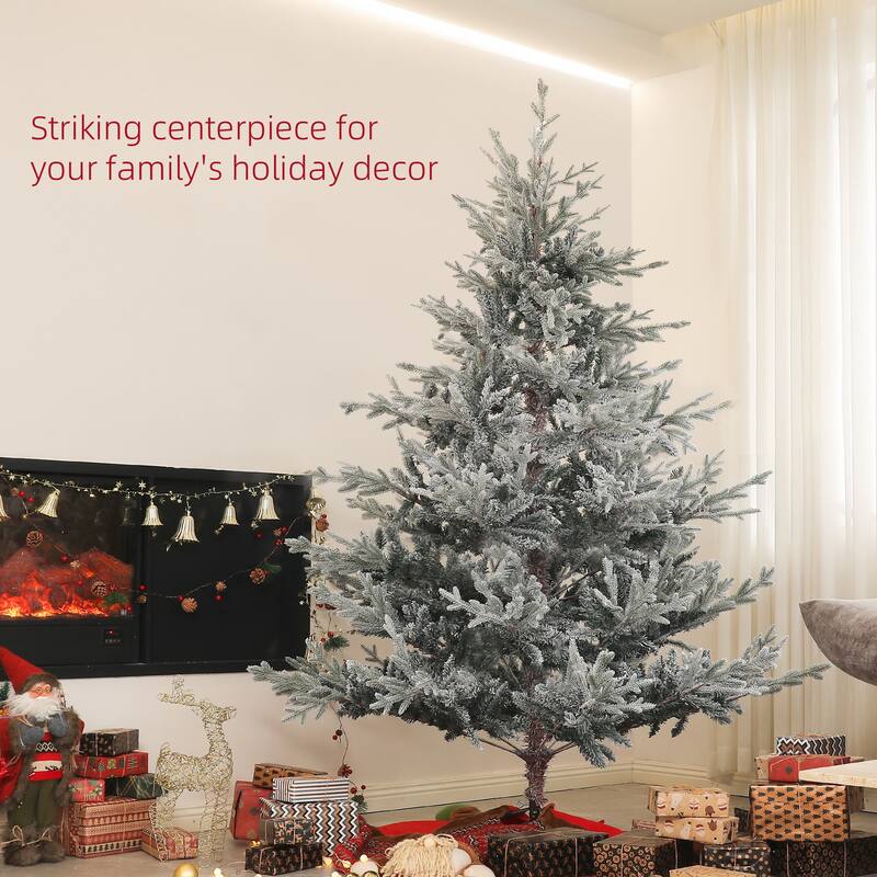 6/9FT Artificial Hinged Christmas Tree with Snow Flocked Tips & Foldable Metal Stand