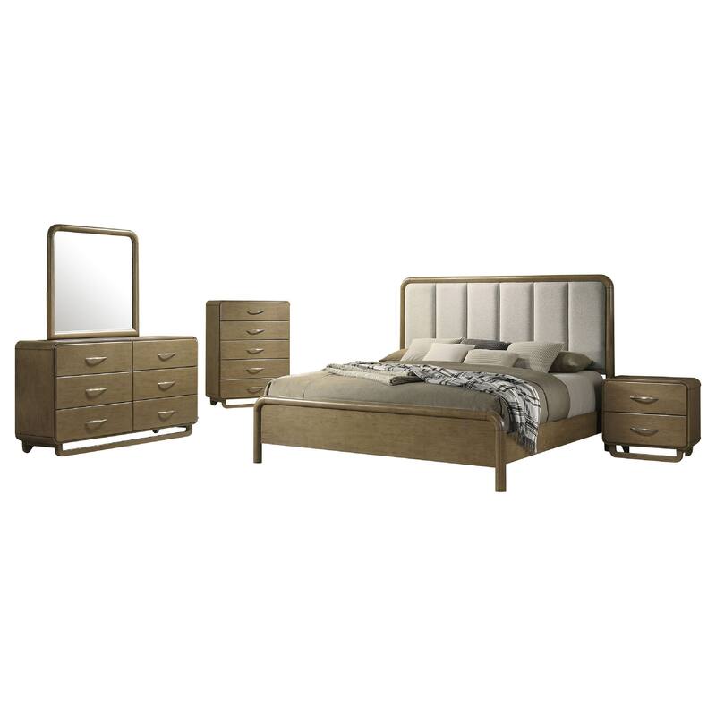 Deon 5 Piece Queen Bedroom Set, Upholstered Headboard, Brown Hardwood