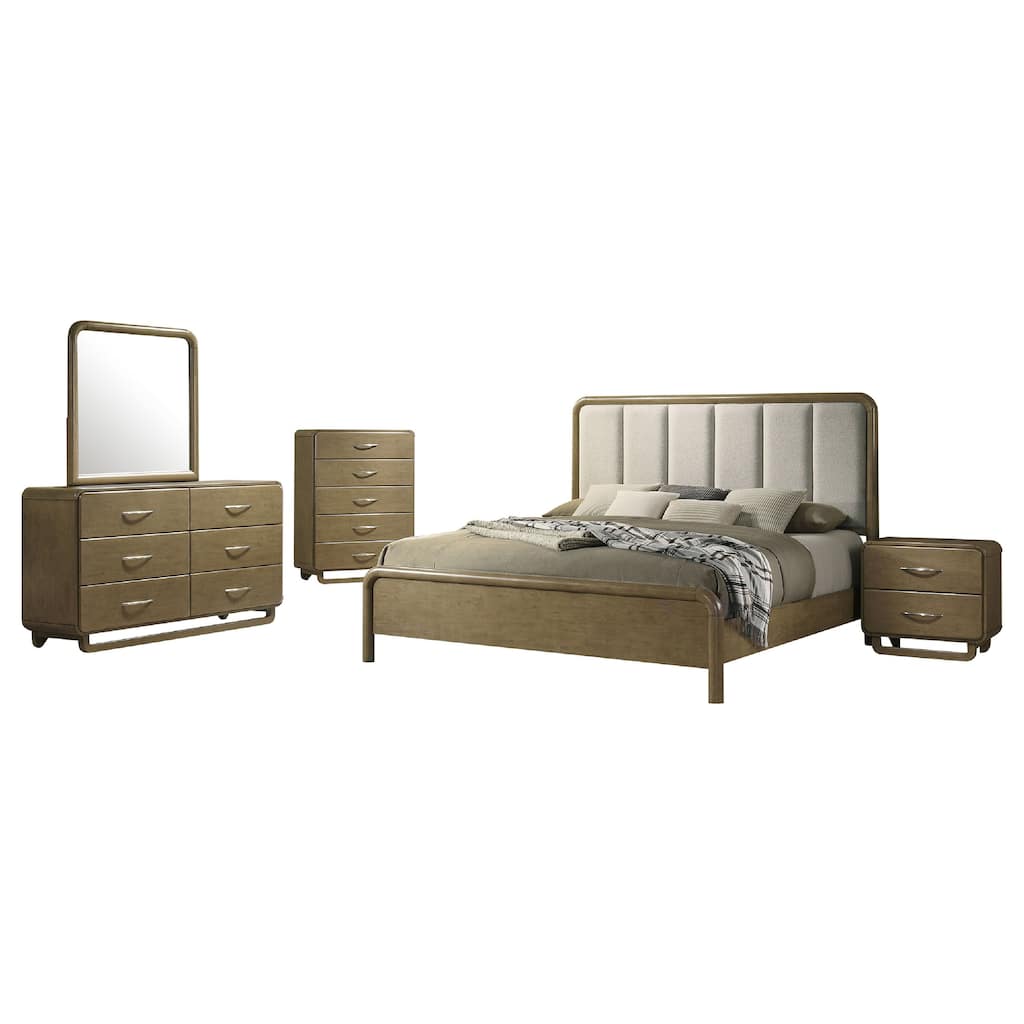 Deon 5 Piece Queen Bedroom Set, Upholstered Headboard, Brown Hardwood