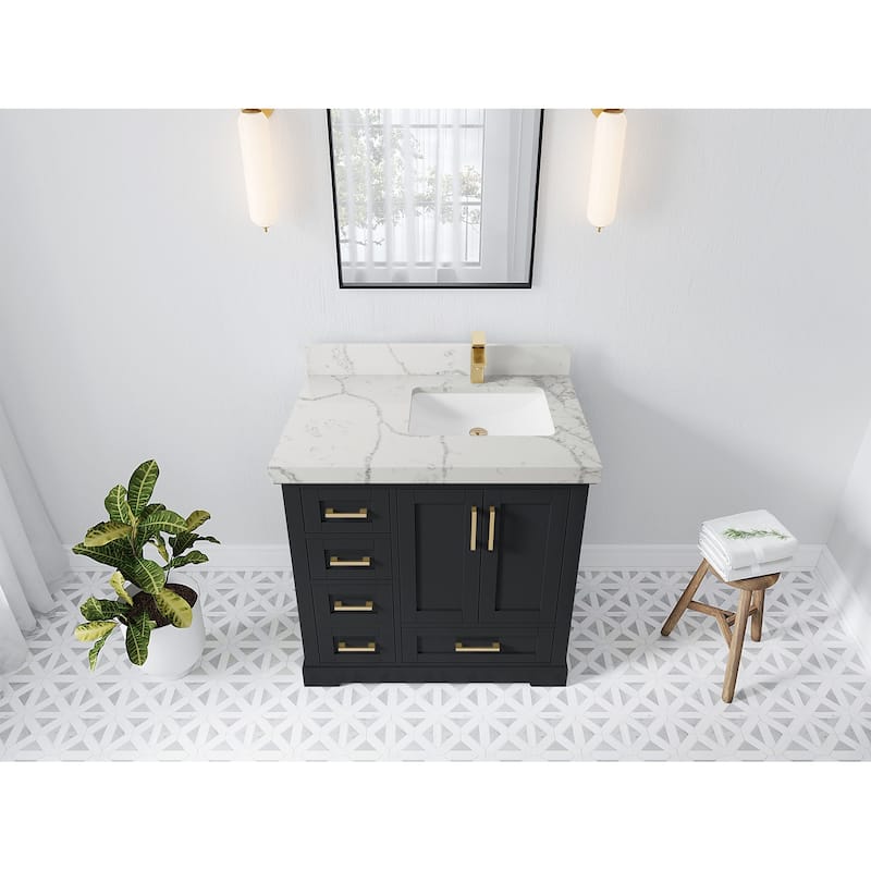 Willow Collections 36 x 22 Boston Right Offset Sink Bathroom Vanity with Quartz or Marble Countertop