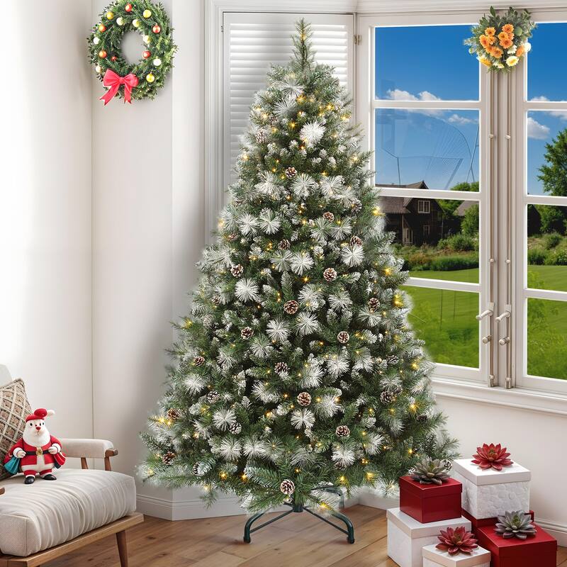 4.5/6ft Prelit & Pre-Decorated Scotch Pine Christmas Tree with Remote Control, Frosted Christmas Tree with Pine-Cones & Needles - 4.5 Foot