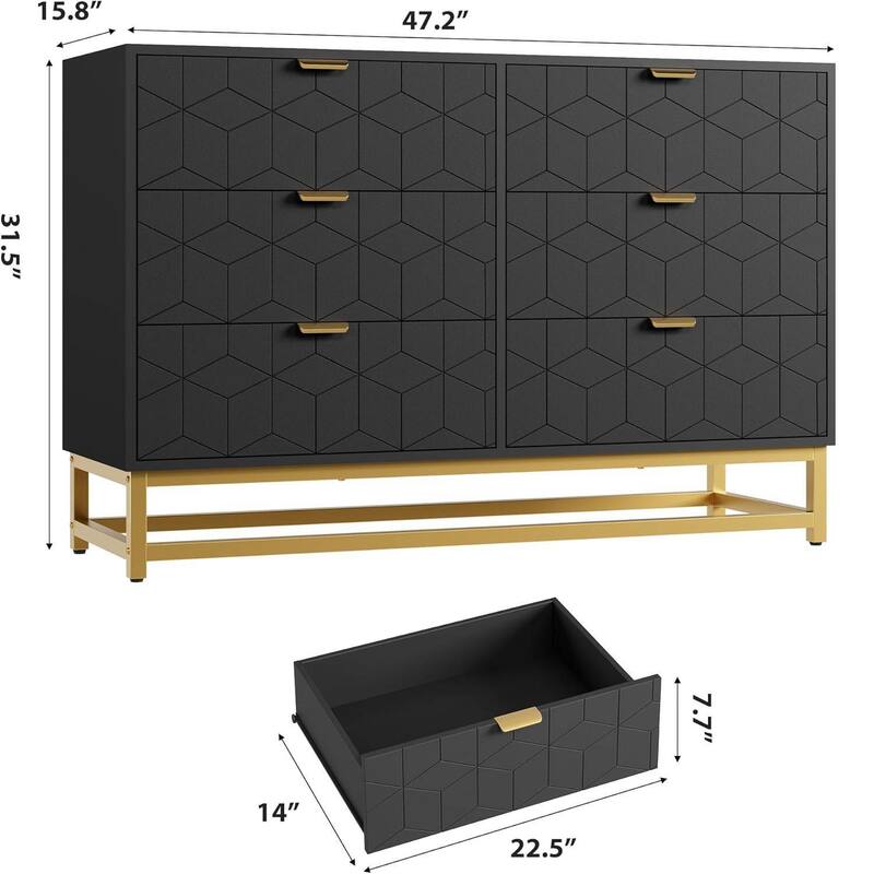 6 Drawer Dresser for Bedroom with Gold Metal Handles for Hallway, Entryway