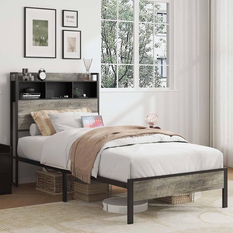 Wooden Platform Bed with Storage,2 USB Ports - Antique Gray-Twin Size