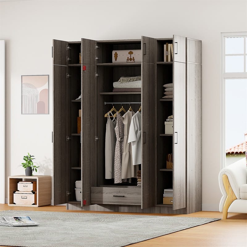 4-Door Armoire Wardrobe with 1 Drawer and Top Cabinet , Bedroom Closet Clothes Storage Organizer with Hanging Rod and Shelves