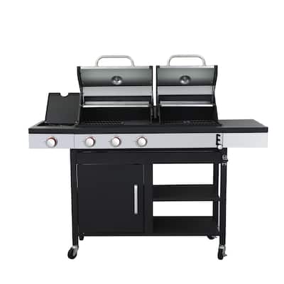 3-Burner Propane Gas BBQ Grill with Side Burner Charcoal Grill Enameled Cast Iron Cooking Grids For Outdoor Barbecue