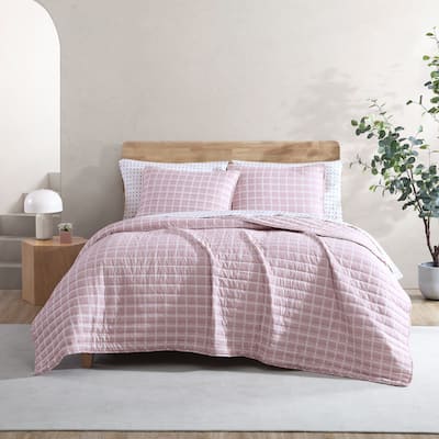 City Scene Woven Grid Pink Quilt & Sham Set