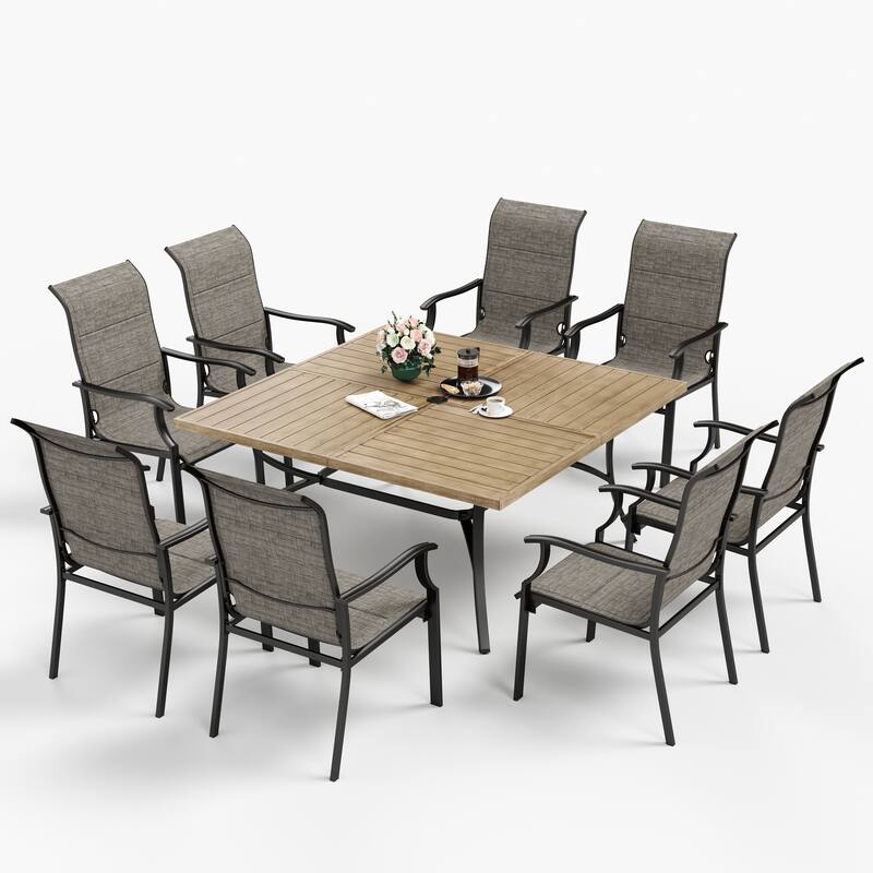 MAISON ARTS 9 Pieces Patio Dining Set, 60 Inch Square Metal Table and Sling Dining Rocking Chairs