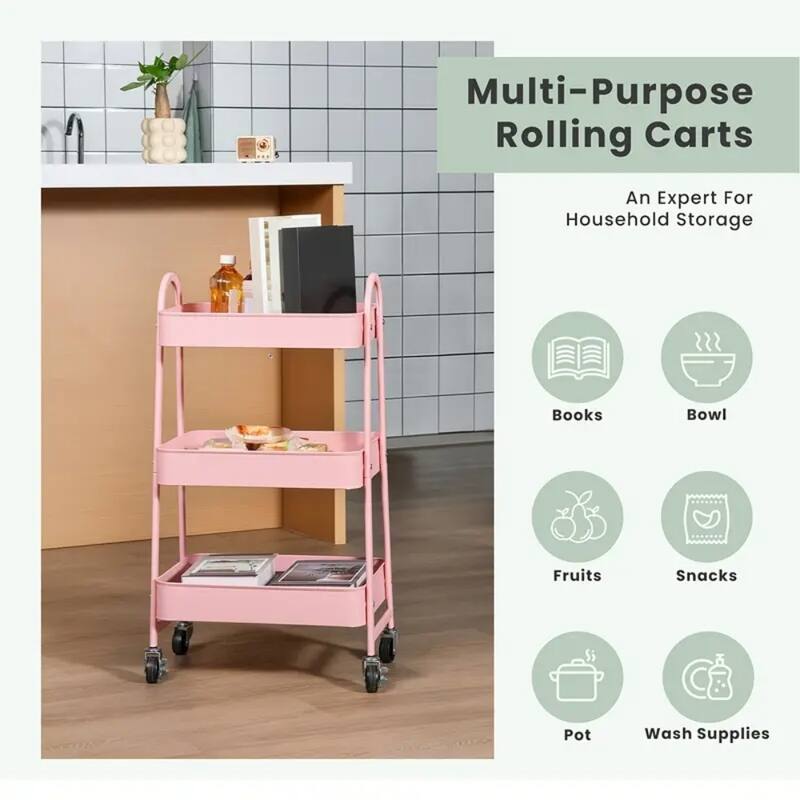 3-Tier Metal Rolling Utility Cart Multifunctional Organizer with Handle and Lockable Wheels - 17.4"D x 12.04"W x 31.02"H