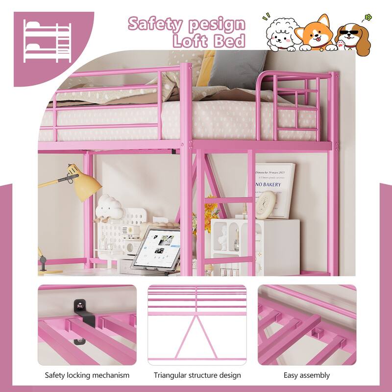Twin Kids Loft Metal Bed with Reversible Stairs 400lb Capacity Space Saving Under Bed Study Play Area