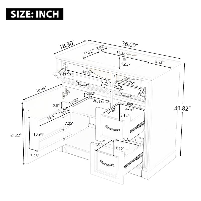 36" Bathroom Vanity with Ceramic Sink, 4 Drawers, Soft-Close Door and Adjustable Shelf, Modern Storage Cabinet