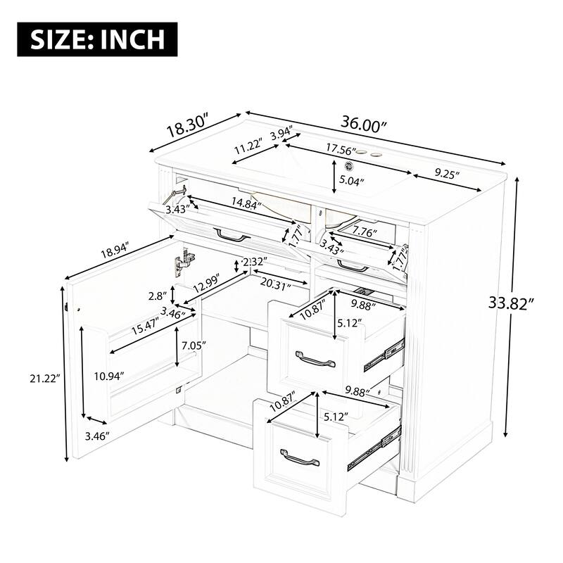 Roomfitters 36" Bathroom Vanity with Sink, Solid Wood Frame, 4 Drawers & Soft-Close Door with Storage Rack