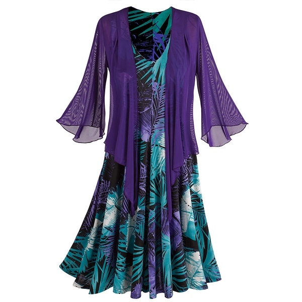 Women's Floral Dress & Bolero Shrug - Sleeveless V-Neck - Purple/Teal