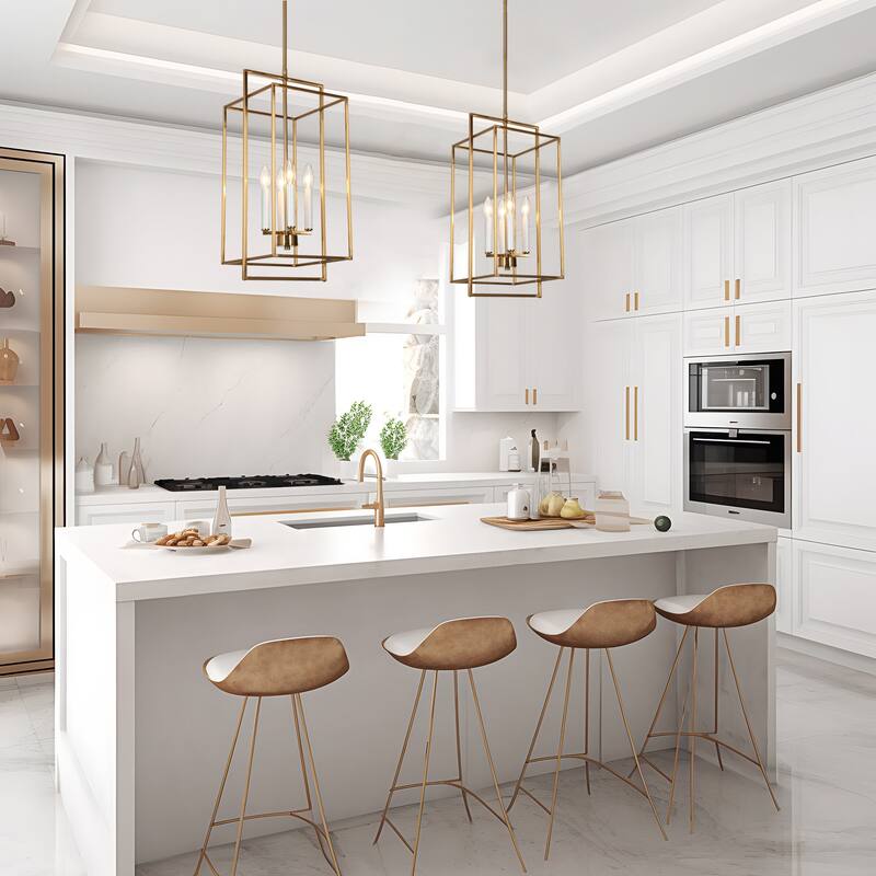 Dilley Mid-century Modern Gold 4-Light Lantern Chandelier Foyer Island Pendant for Dining Room