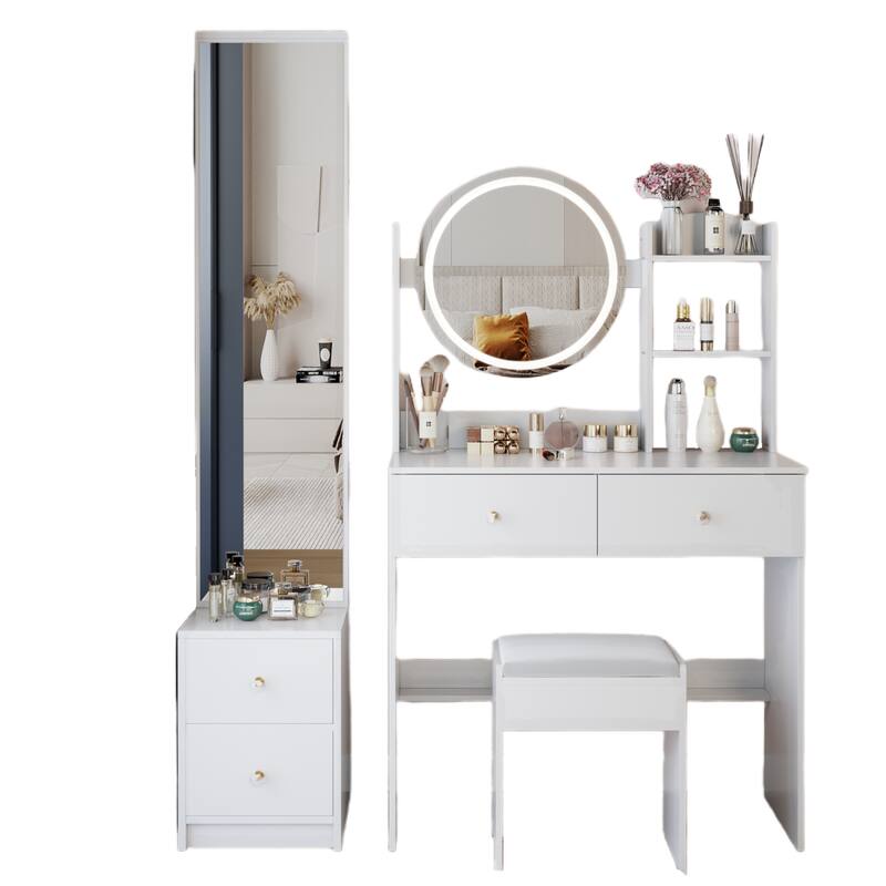 Vanity Set w/ 3-Color Light, Full Body Mirror Cabinet, Cushioned Stool - White